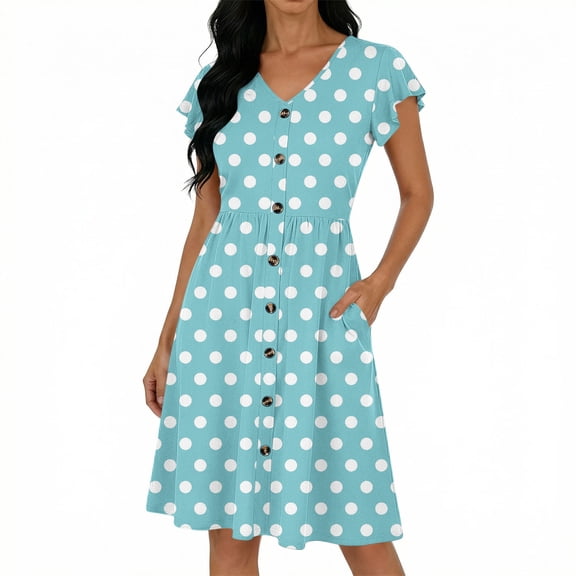 jtjvou Womens 2026 Summer Casual Swing Knee-Length Dress V-Neck Ruffle Sleeves Front Button Down with Side Pockets Light Blue XXL