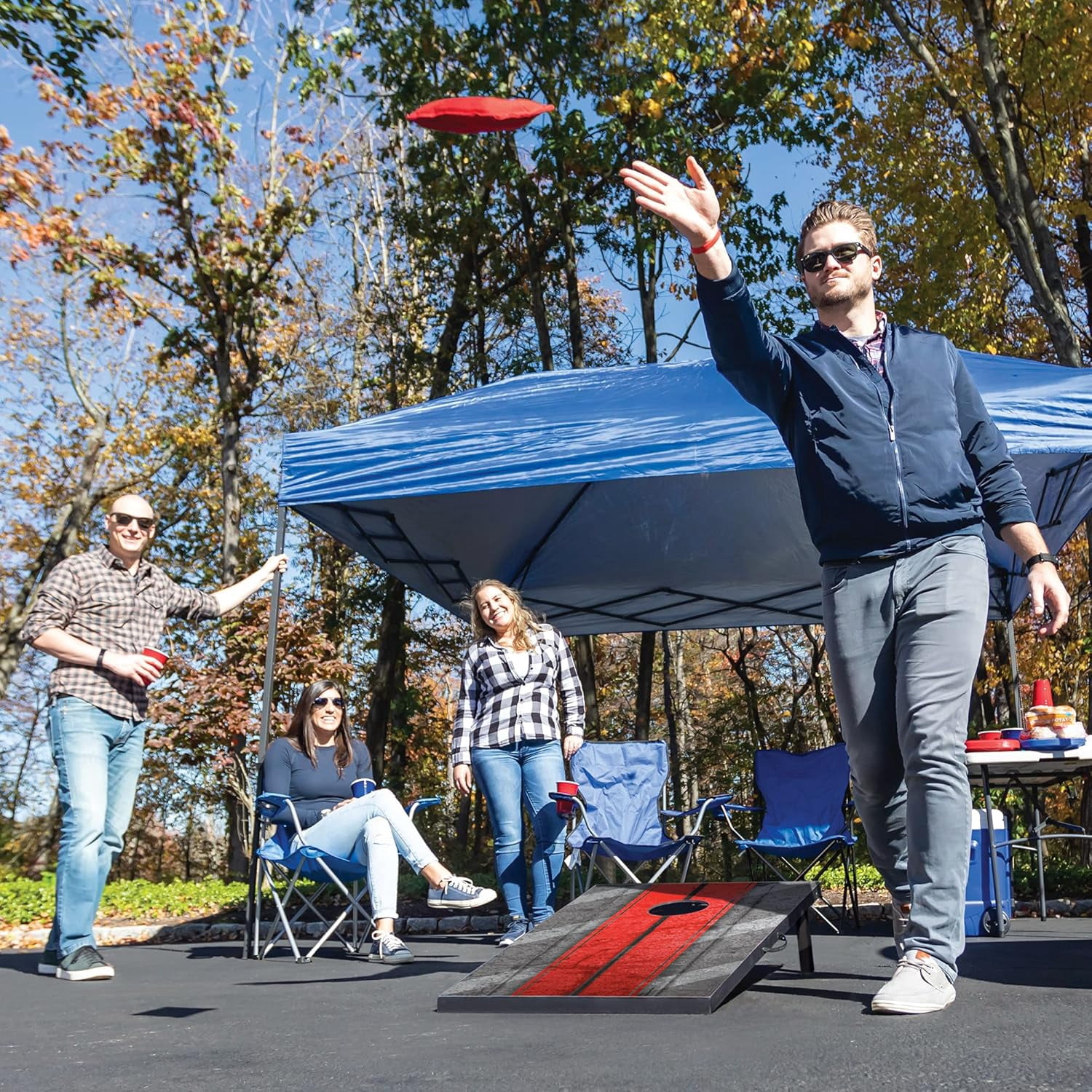 Backyard Champs Tailgate Mdf Cornhole With 8 Regulation Bean Bag Set 2 X 3 Feet, Red