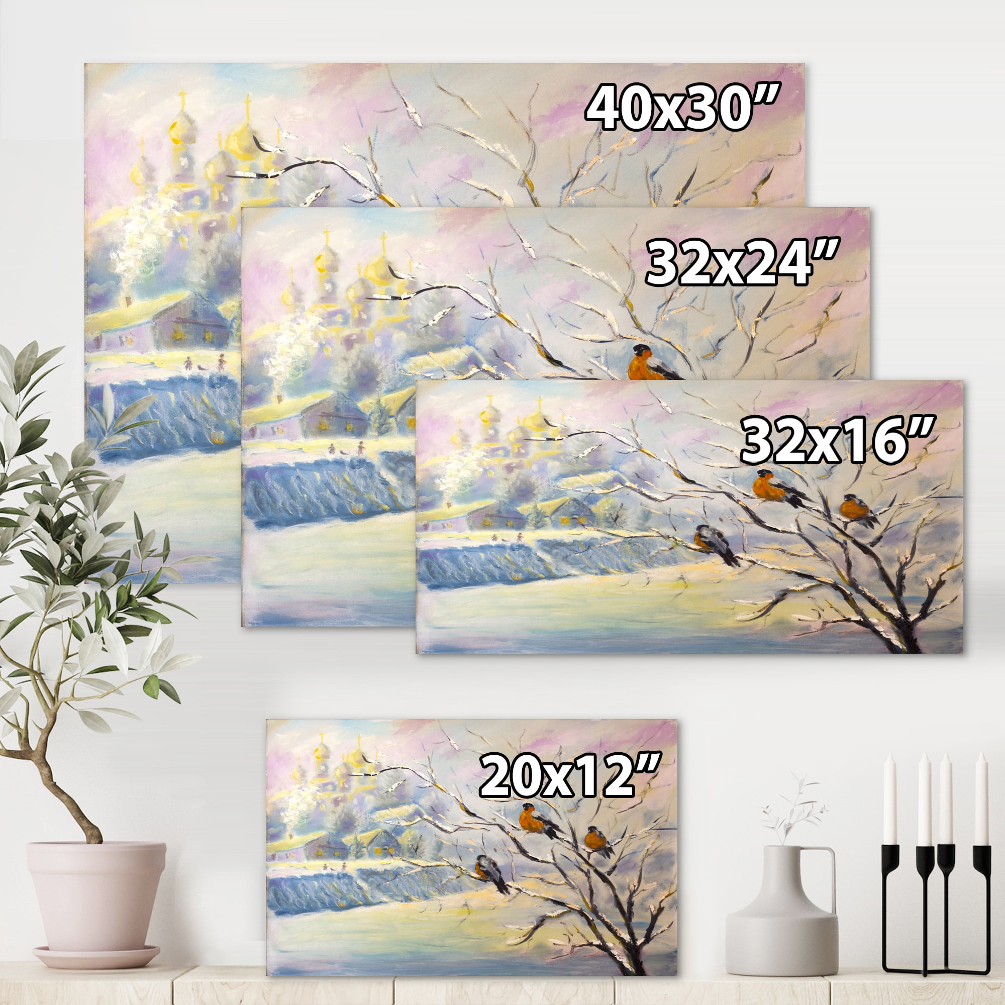 Designart ' Rustic Birds Sitting On A Tree In Winter Village ' Farmhouse Canvas Wall Art Print