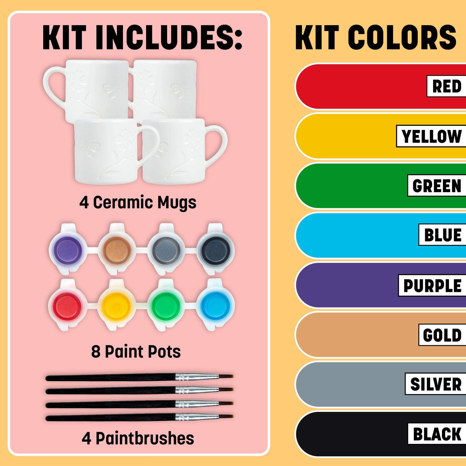 TULIP Painted by Me All-in-One Paint and Bake Ceramic 4 Mug Set with Flower Designs, Easy Craft Kit, Includes 4 Mugs, 8 Rainbow Paints, 4 Brushes