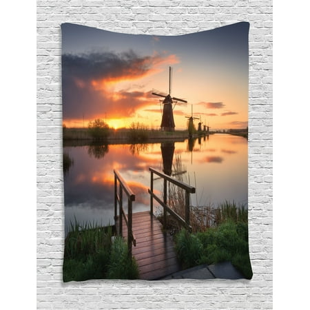 Orange Windmill - Nature Tapestry Wall Hanging Landscape with Traditional Famous Dutch Windmills on Background near the Canal Photo, Bedroom Living Room Dorm Decor, Orange Blue, by Ambesonne