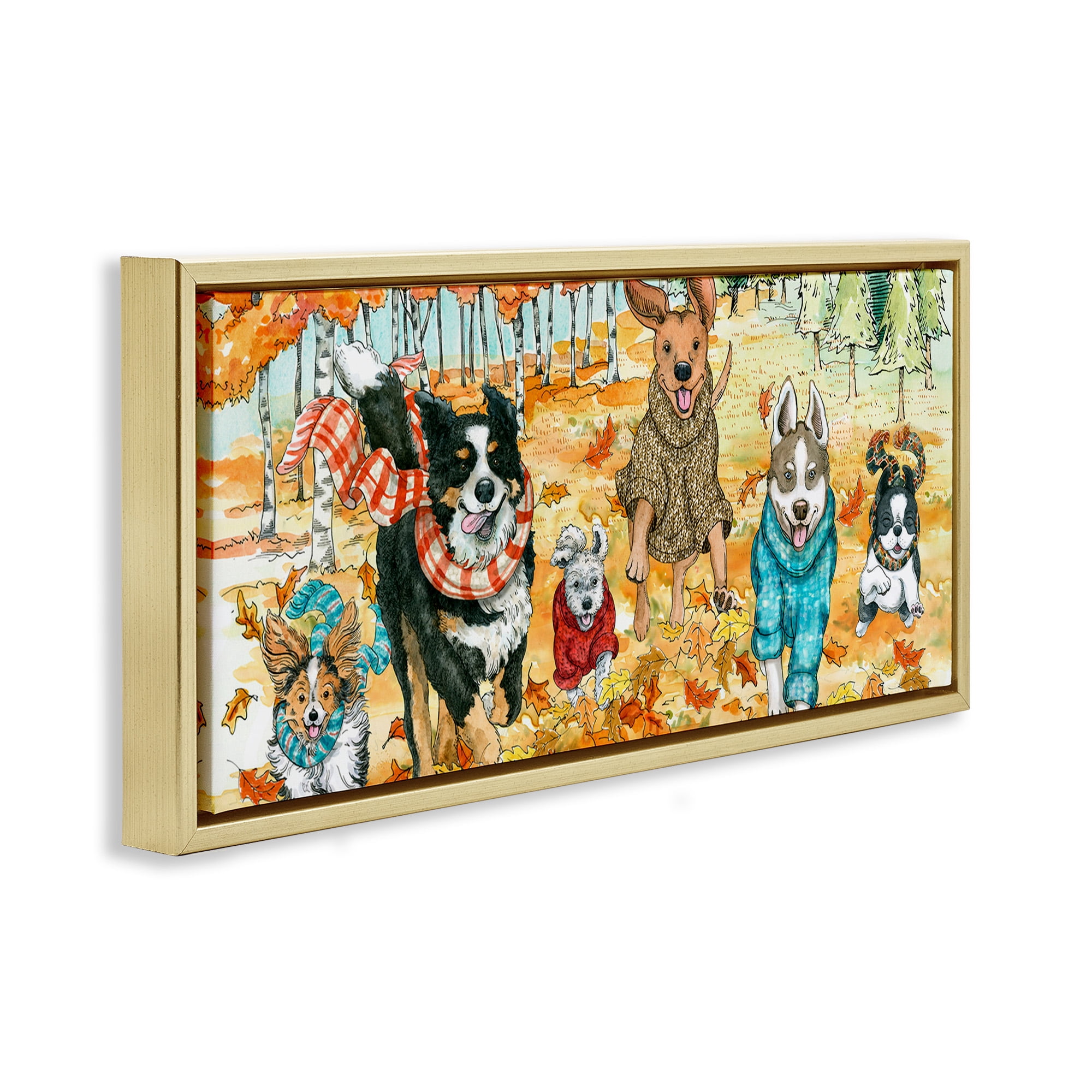 Stupell Industries Autumn Dog Park Animals Running Animals & Insects Painting Gold Floater Framed Canvas Art Print Wall Art, 25 x 11