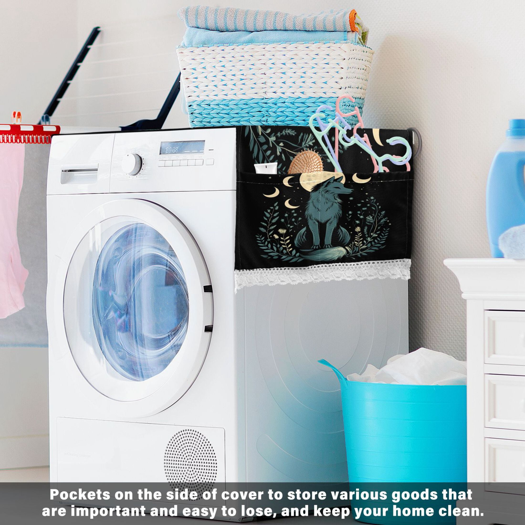 Washing Machine Cover 51.2x22in, Durable Polyester Dust Cover with Lace Trim and Side Pocket for Appliances The Moon Fox