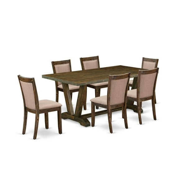East West Furniture 7 Piece Modern Kitchen Table Set - A Distressed Jacobean Top Wooden Table with Trestle Base and 6 Dark Khaki Linen Fabric dining chairs - Distressed Jacobean Finish