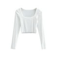 thumbnail image 4 of Women Short Shirt Long Sleeve Deep Round Neck Solid Color Knit Crop Tops Street Casual Party Street Spring Fall Tops, 4 of 5