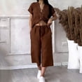 thumbnail image 4 of Women's 2 Piece Outfit Button Down Collared Short Sleeve Top with Cropped Wide Leg Pants Casual Matching Set with Pockets for Summer Coffee XL(XL), 4 of 5
