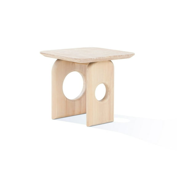 Benjara Aky 22" Side End Table- Square Marble Top- Open Frame- Natural Brown