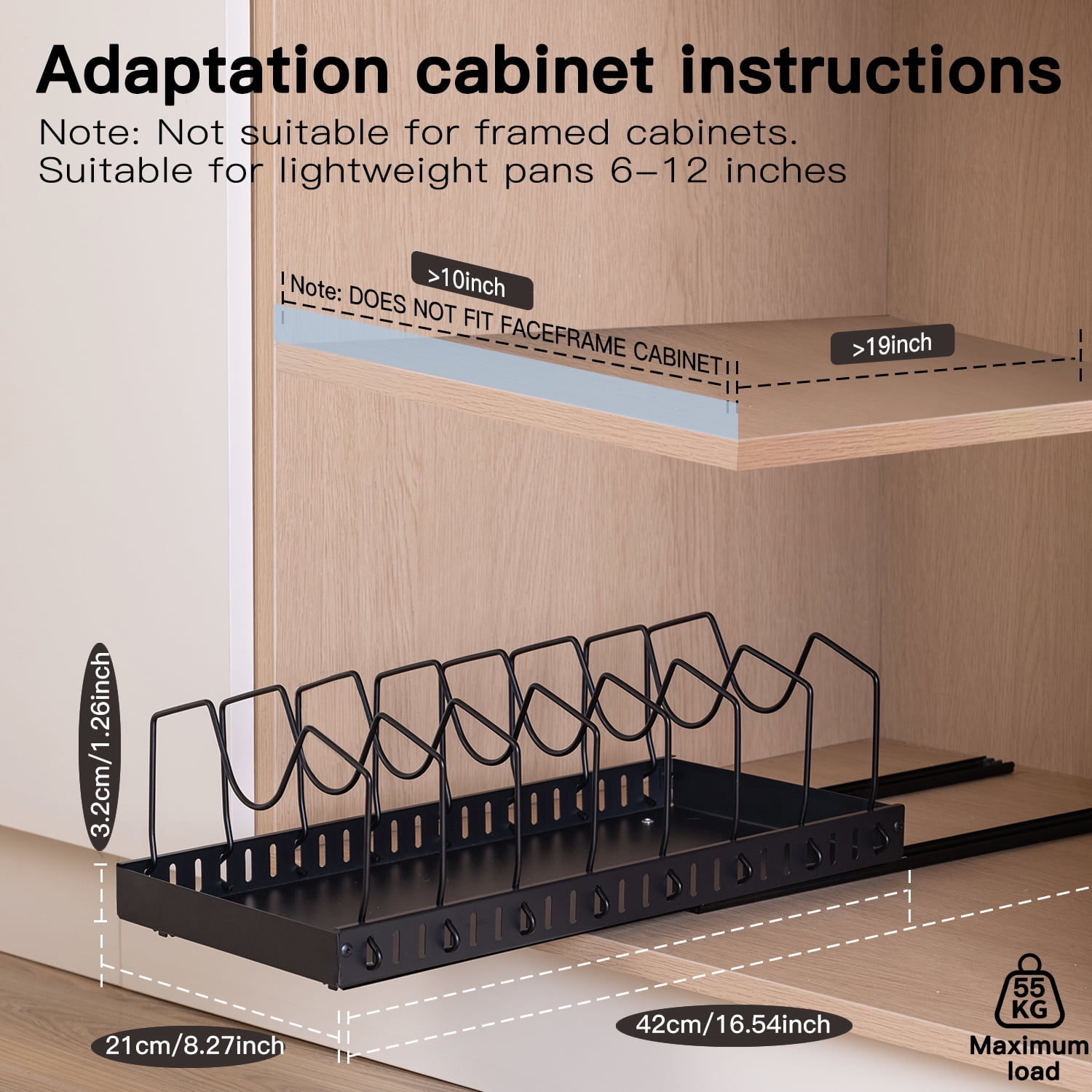 Pull-out Pots and Pans Organizer 1 Pack - Under Cabinet Pot Lid Holder for Kitchen - Bakeware & Dishes Storage Rack with Slide Rails, Black