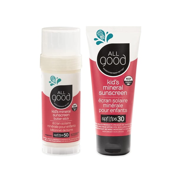 Crema solar All Good Baby & Kids SPF 50 en barra de mantequilla y loción SPF 30