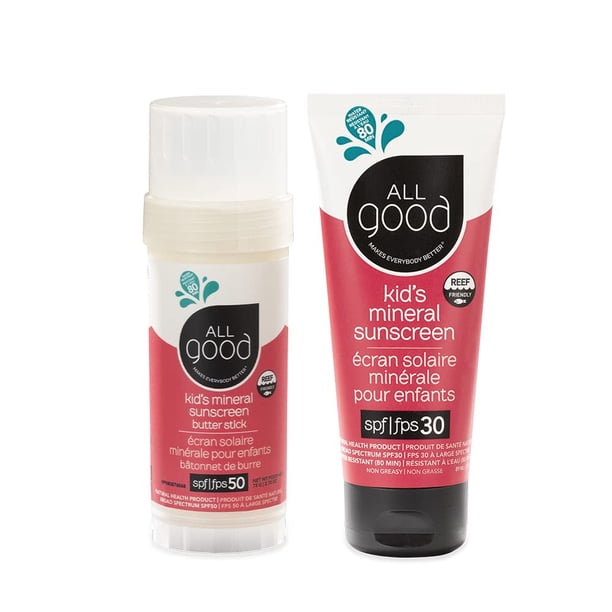 Crema solar All Good Baby & Kids SPF 50 en barra de mantequilla y loción SPF 30