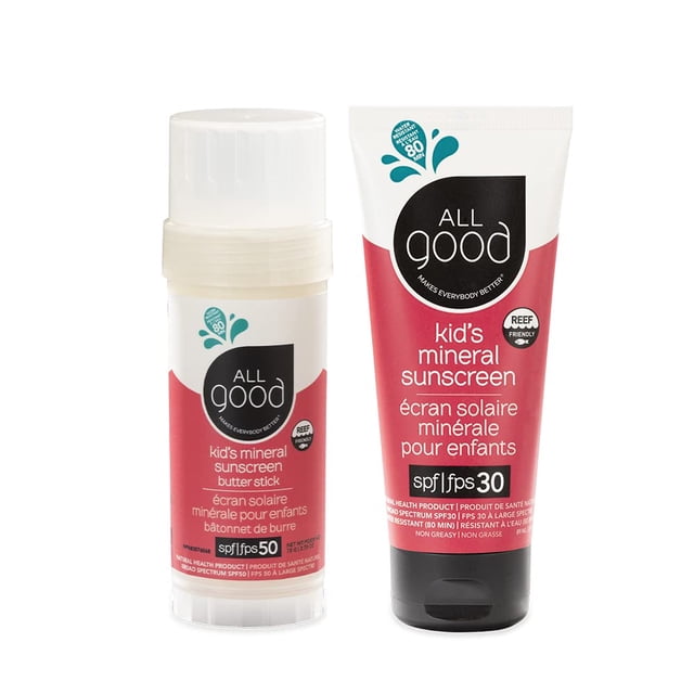 Crema solar All Good Baby & Kids SPF 50 en barra de mantequilla y loción SPF 30