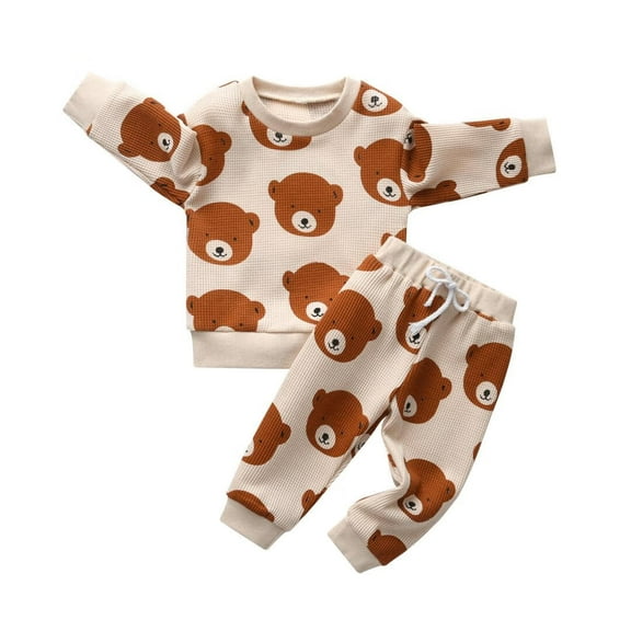Baby Boy Clothes Bear Cartoon Pattern Long Sleeve Tops and Long Pants Set Fall Sweatsuits Outfits Beige 3-6 Months