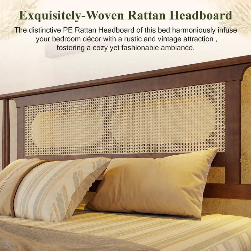 Queen Size Wooden Platform Bed with Rattan Headboard, Low-Profile Bed Frame with 8.6'' Under-Bed Storage