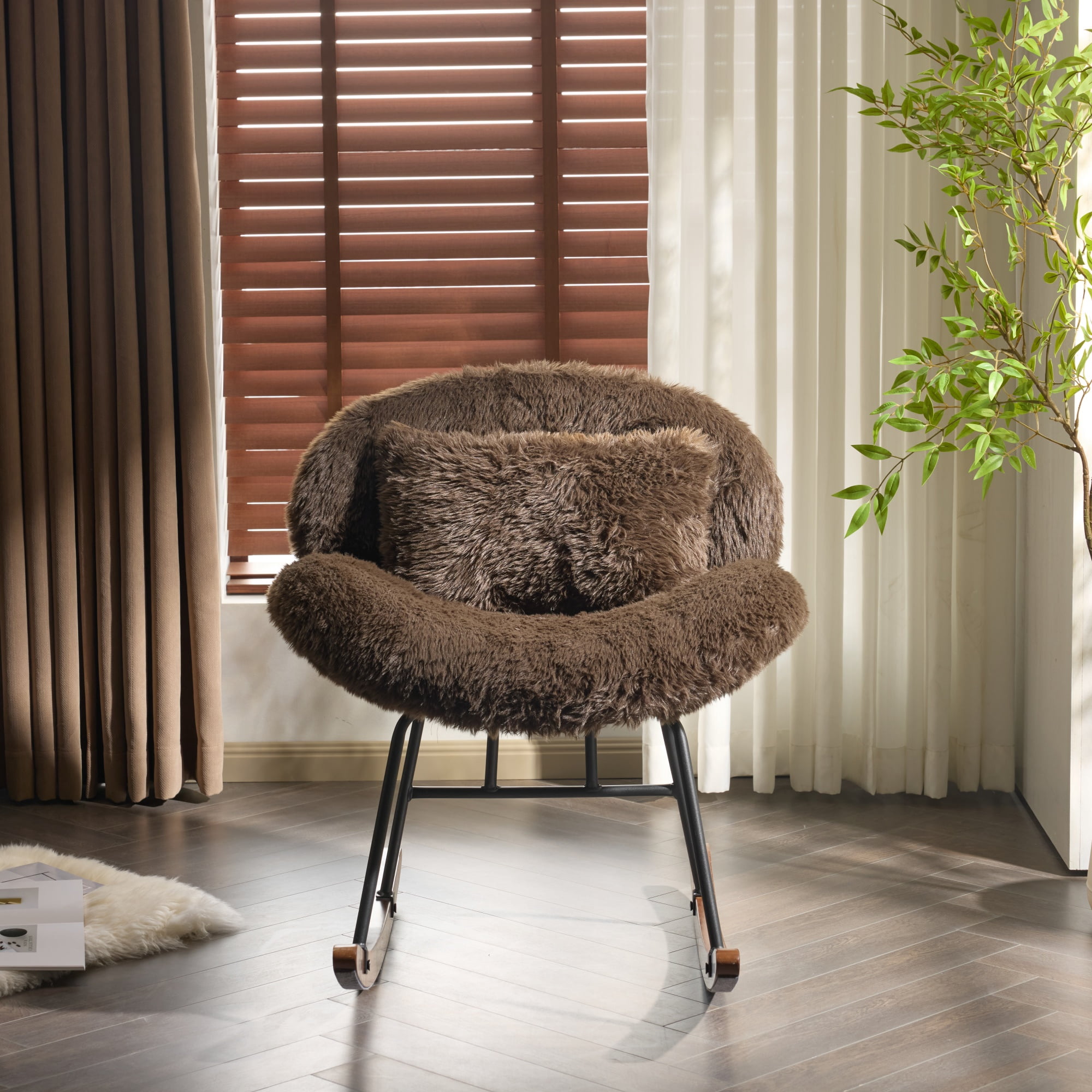 Zimtown Nursery Rocking Chair, Long Pile Fabric Upholstered Rocker Glider, Rocking Accent Chair with Wooden Frame for Living Room Bedroom, Coffee