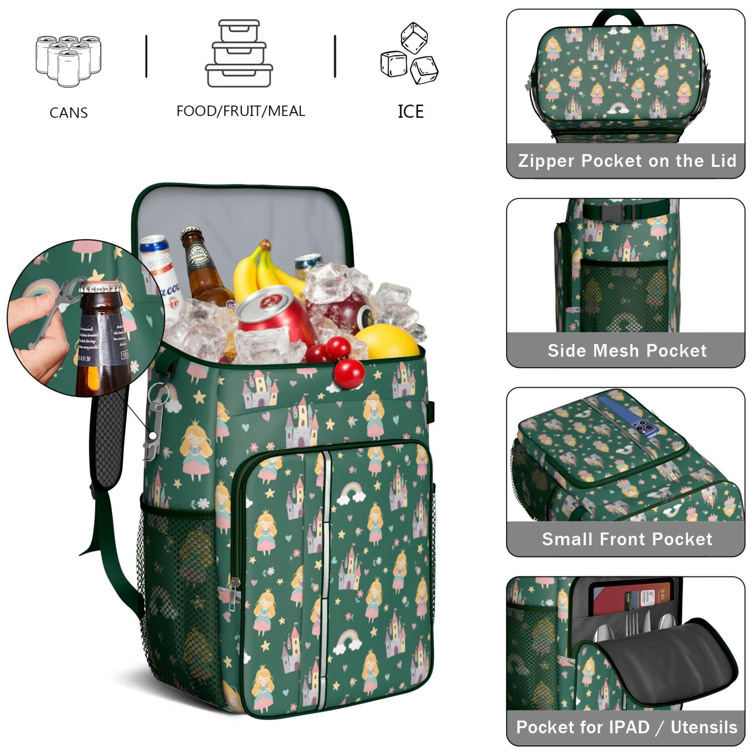 Travel Cooler Bag - Green Princess Castle Pattern Camping Beer Cooler Backpack with Bottle Opener- Waterproof Insulated Picnic Backpacks - Cooler Bag for Beach