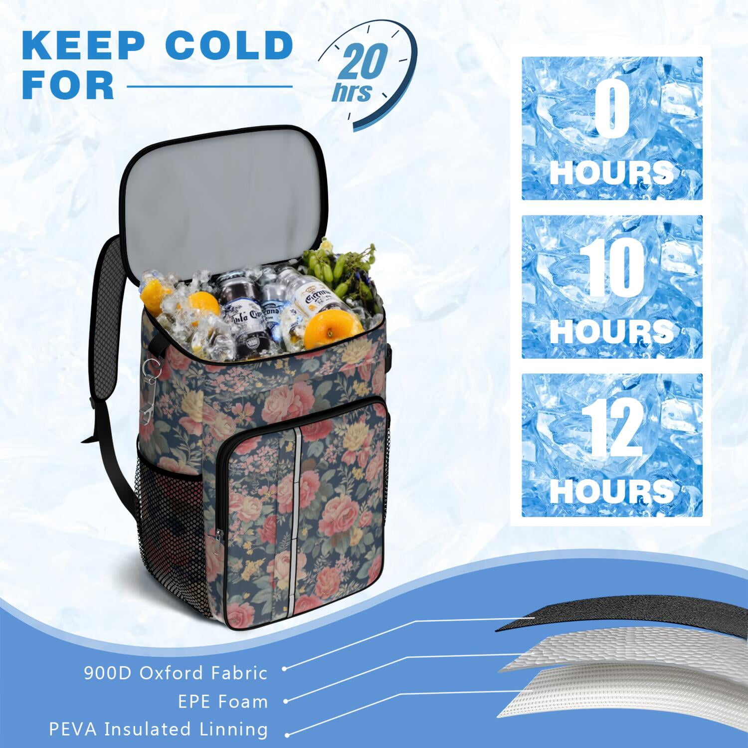 Travel Cooler Bag - Pioneer Flower Camping Beer Cooler Backpack with Bottle Opener- Waterproof Insulated Picnic Backpacks - Cooler Bag for Beach