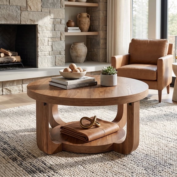 Fnova 2-Tier Round Coffee Table with Storage Shelf, Modern Wooden Circle Center Table, Accent Cocktail Table for Living Room, Lounge, Bedroom, Classic Oak