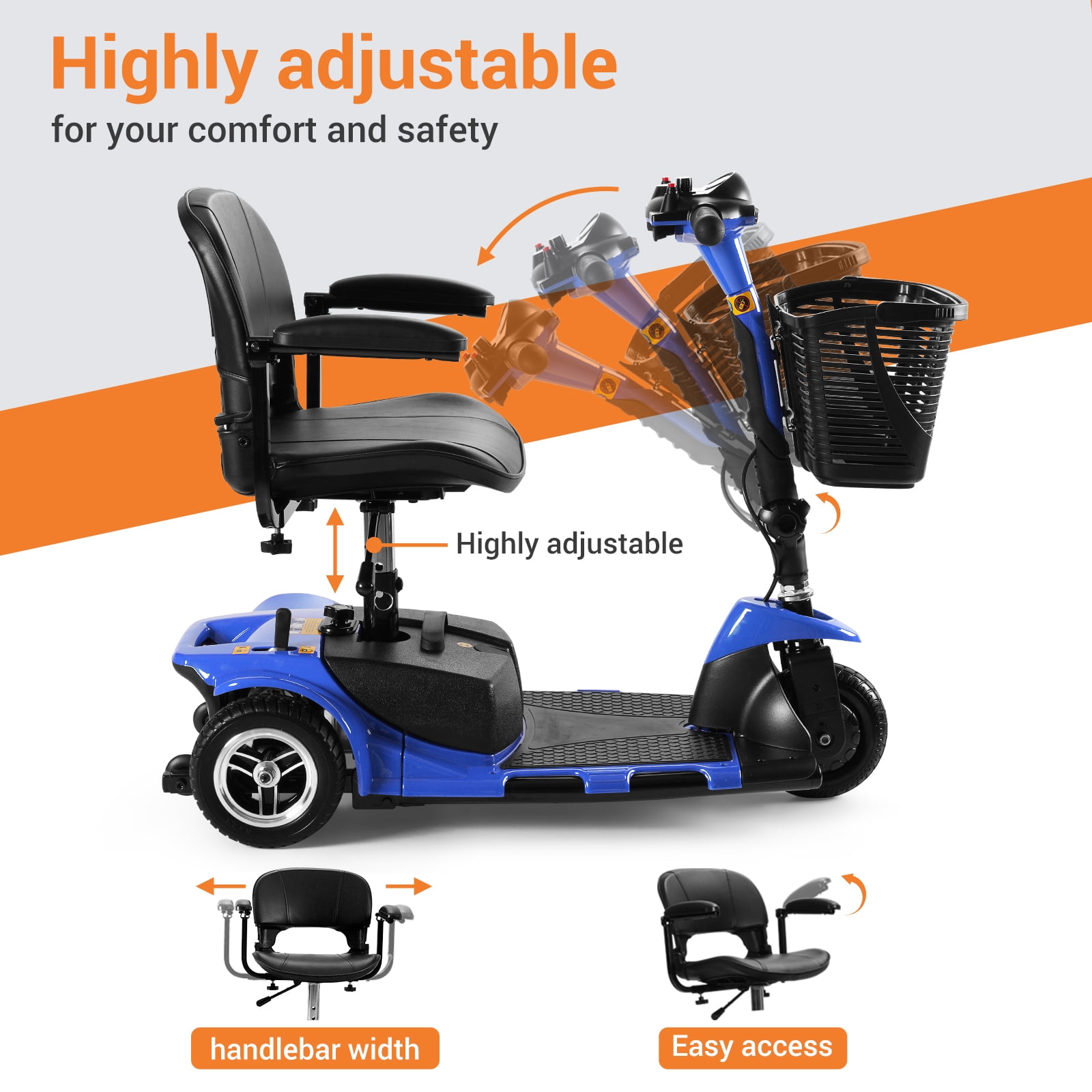 TEKAMON 3 Wheels Folding Powered Mobility Scooter for Senior/Adult Compact Electric Wheelchair for Travel, W/ Long Range Battery and Charger, Blue