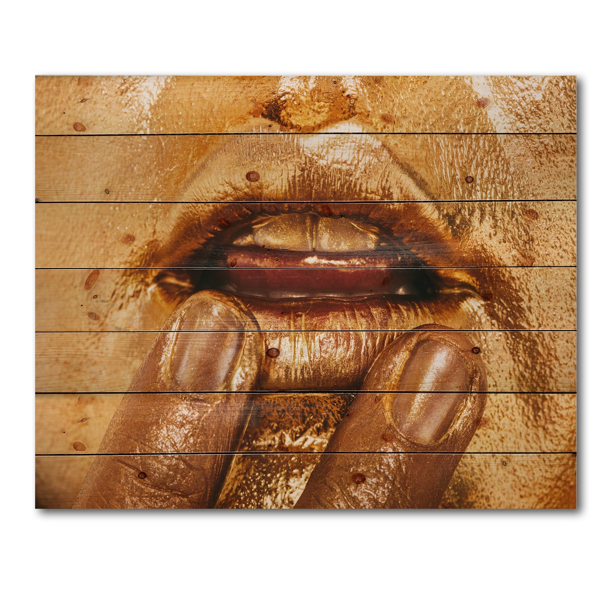 Designart 'Close Up Of Female Lips With Bright Golden Makeup i' Modern Print on Natural Pine Wood