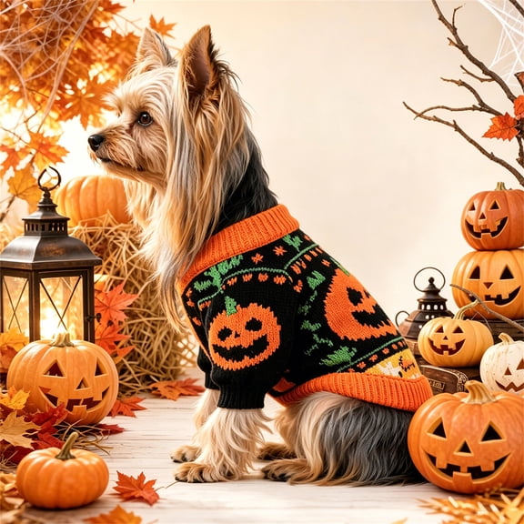 Dog Sweater for Small Dogs, Small Dog Halloween, Pumpkin Pattern Fall Dog Clothes, Warm Thick Knit Pet Outfit for Halloween Party, Orange, Xl, 1 Pack