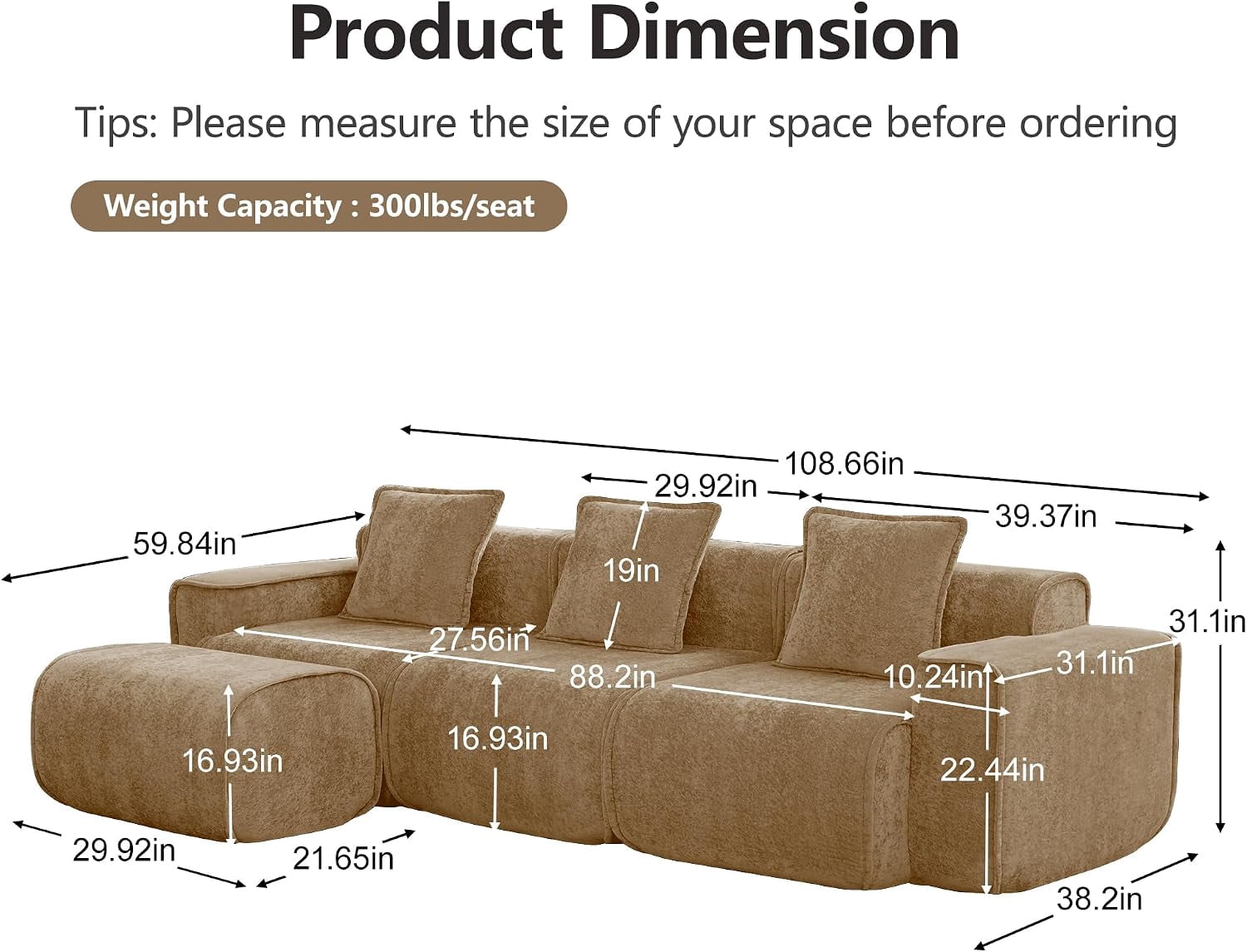 109" 3-Seat Modular U-Shaped Sectional Sofa, Brown Velvet with 1 Movable Ottomans & Throw Pillows, No Assembly Required