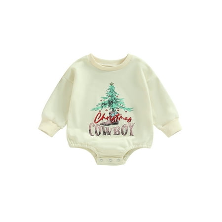 

jaweiwi Infant Baby Christmas Romper for Girls Boys Long Sleeve Round Neck Christmas Tree Boots Letters Print Jumpsuit Size 0 6 12 18 24 M