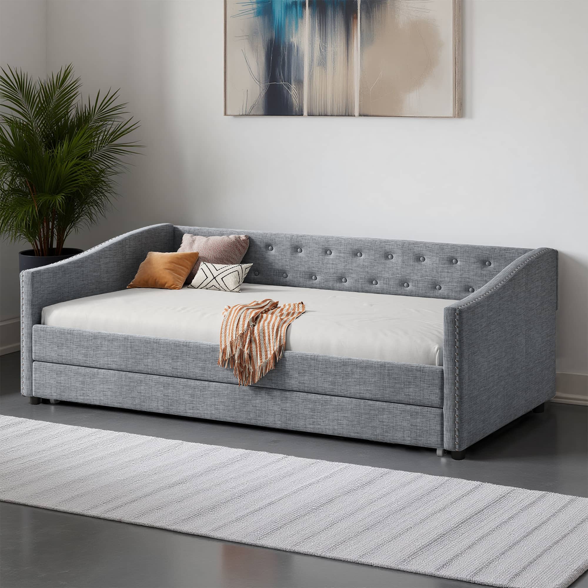 MAYEERTY Twin Size Upholstered Tufted Sofa Bed with Drawers, Light Grey