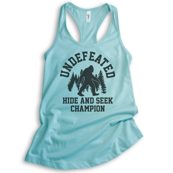Undefeated Hide And Seek Champion Tank Top, Ladies Racerback Tank, Bigfoot, Yeti, Sasquatch, Squatch Tee, Cancun, Small