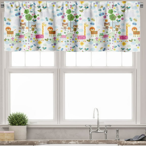 Ambesonne Cartoon Valance Pack of 2, Floral Funny Animals, 54"X12", Multicolor