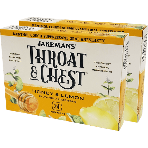 JAKEMANS Honey Lemon Throat and Chest Lozenge Cough Drop Box, 2 boxes of 24 Lozenges