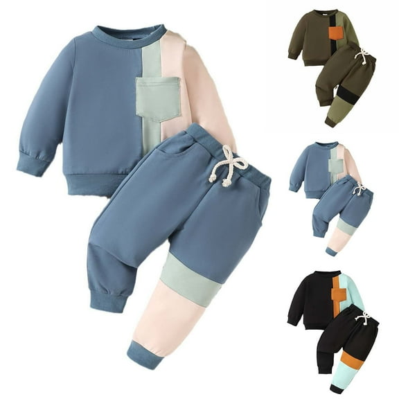 Ashirexll Boys Outfits Fall Winter Color Block Long Sleeve Round Neck Sweatshirt and Pants 2 Piece Set Casual Boys Clothing Sets