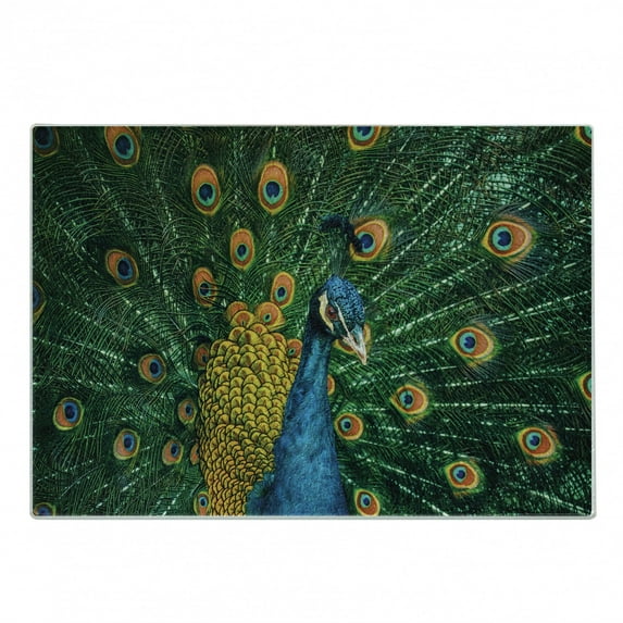 Peacock Cutting Board, Portrait of the Peacock Courtship Display Eye Spotted Tail Tropics Natural, Decorative Tempered Glass Cutting and Serving Board, Small Size, Orange Blue Green, by Ambesonne