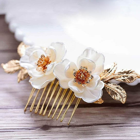Bride Flower Hair Comb Gold Wedding Headdress Bridal Hair Clips Headpieces Leaf Wedding Hair Accessories for Bride and Bridesmaid