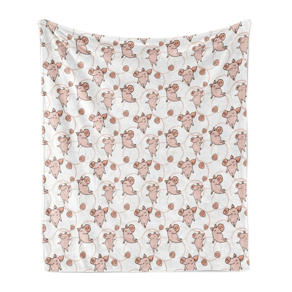 Animal Art Soft Flannel Fleece Throw Blanket, Cartoon Style Piglets Nose Marks and Circular Shapes on Plain Backdrop, Cozy Plush for Indoor and Outdoor Use, 60" x 80", White and Blush, by Ambesonne