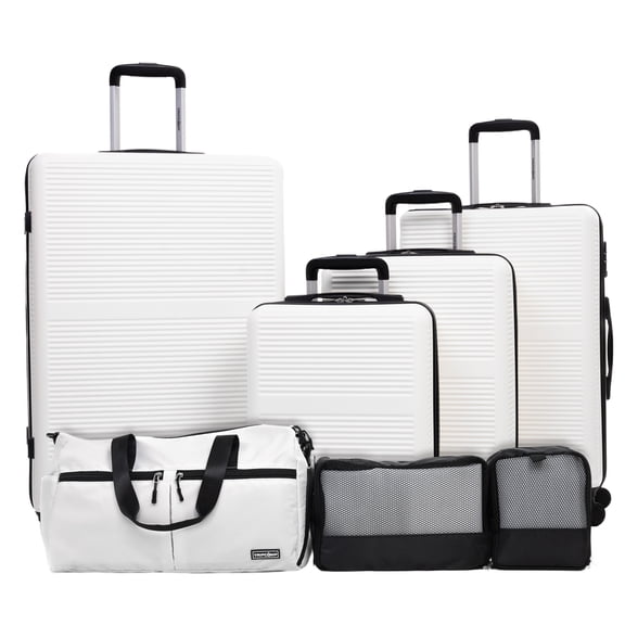 Tripcomp 7-Piece Hardside Luggage Set with TSA Lock Lightweight ABS+PC Suitcase (16/20/24/28 Inch) with 360° Silent Spinner Wheels, Duffel Bag and 2 Packing Cubes (White)