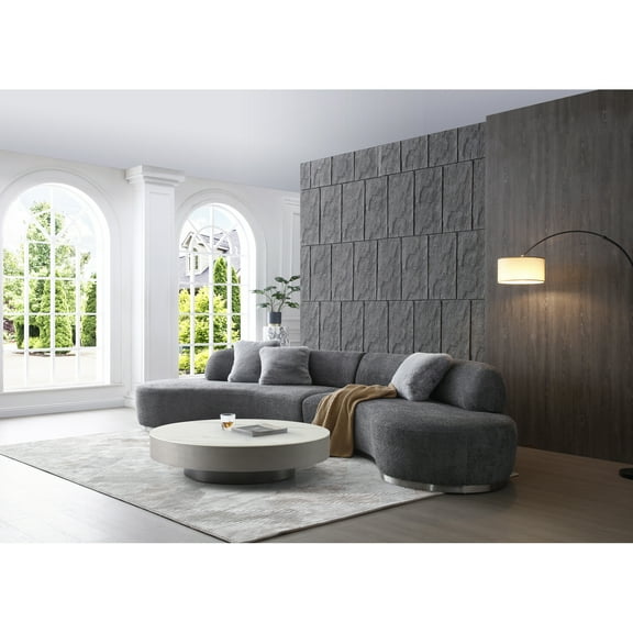 Homestock City Chic Curved Sofa, Dark Grey Boucle Fabric, Silver Stainless Steel Base.