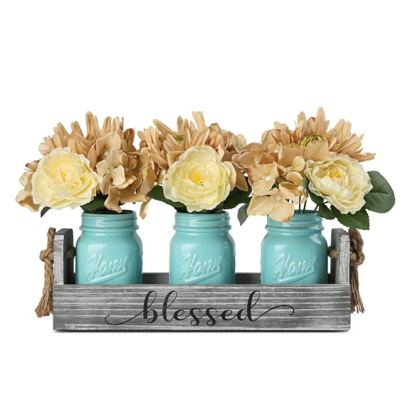 Bekitchen Dinner Table Centerpiece Decor with 3 Blue Ceramic Mason Jars & Rose Bouquet Flowers