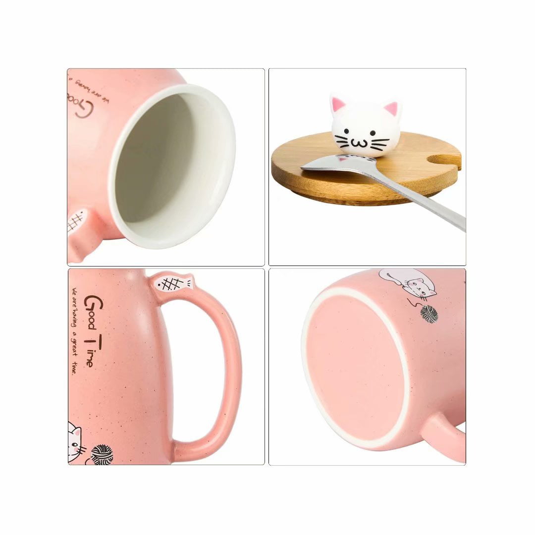 Heat-Resistant Cartoon Mugs For Children Mothers Day Birthday Christmas Gifts（450 ML PINK） 15oz Cute Cat Coffee Mug Ceramic Tea Cup Milk Mug with Lovely Kitty Bamboo lid and Stainless Steel Spoon