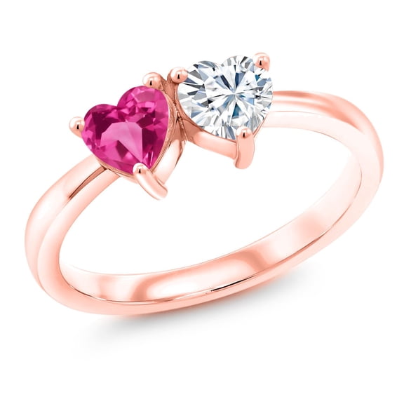 Gem Stone King 18K Rose Gold Plated Silver Fashion Right-Hand Ring Set with Heart Shape Pink Created Sapphire and Moissanite (1.10 Cttw, Size 7)