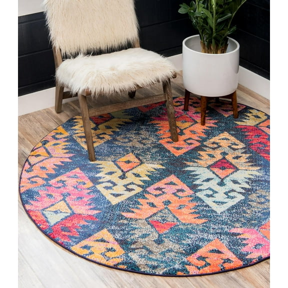 Unique Loom Sedona Collection Area Rug - Desert (3' 3" Round Navy Blue/Light Blue)