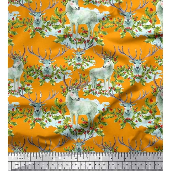 Soimoi Velvet Fabric Red Berries,Holly Leaves & Reindeer Animal Print Fabric by Yard 58 Inch Wide