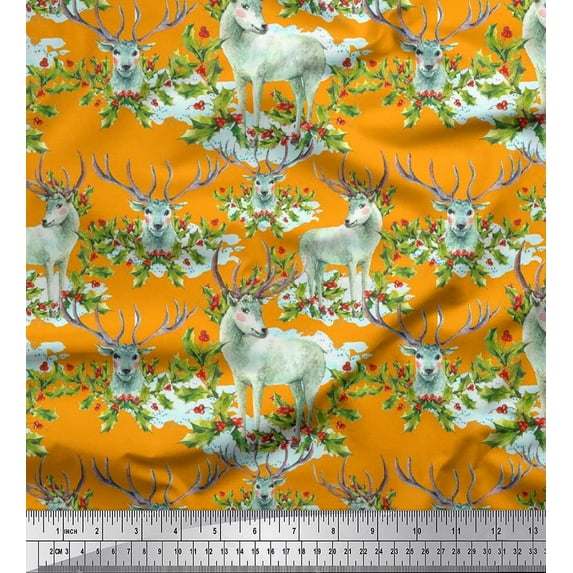 Soimoi Velvet Fabric Red Berries,Holly Leaves & Reindeer Animal Print Fabric by Yard 58 Inch Wide