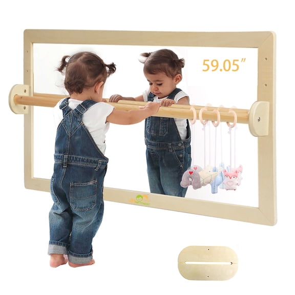 JHNIFTYNEST 3-in-1 Montessori Infant Mirror | Safety Pull Up Bar Dual-Use Base | Shatterproof Acrylic Non-Glass | Newborns to Teens 59.05"