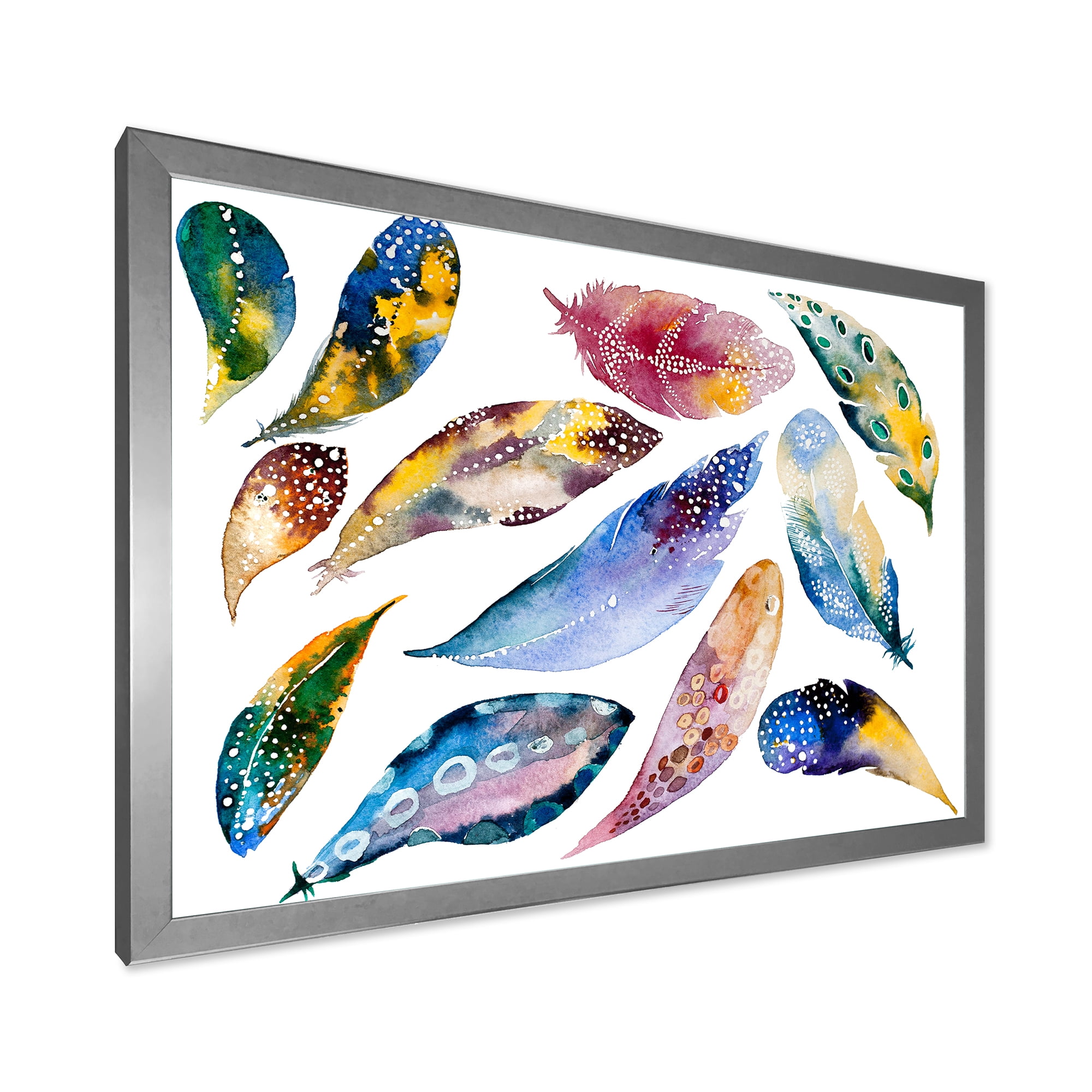 Designart 'Colourful Boho Feather Set On White VI' Bohemian & Eclectic Framed Art Print