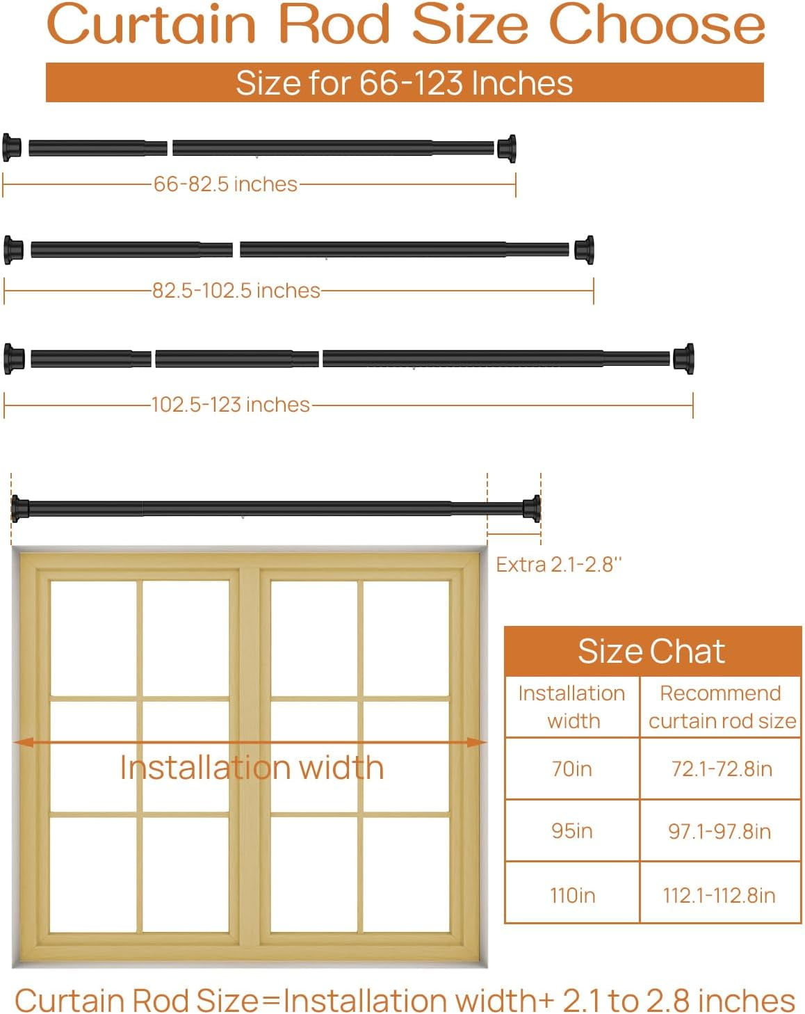 Adjustable tension curtain rods no drilling, heavy duty 66 to 120 inches, black, for patio, bedroom, living room, outdoor curtains, window treatments