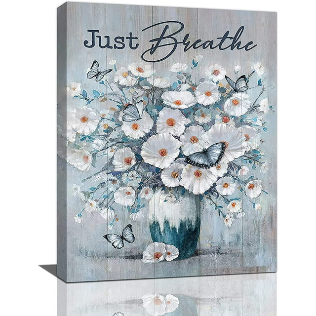 Wall Art White Flower Butterfly Wall Decor Rustic Floral Pictures Canvas Prints Motivational Framed Modern Artwork for Home Living Room Bedroom Bathroom 12"x16"