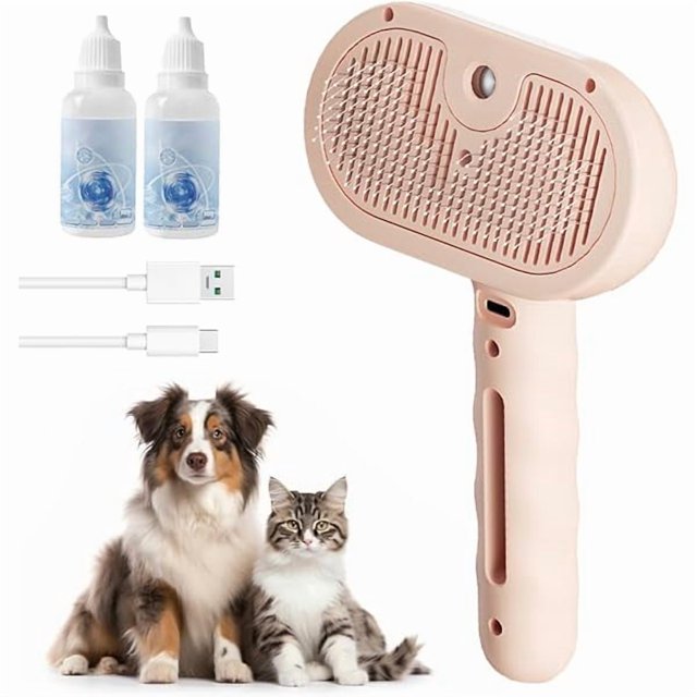 HAYAN Pet Spray Hair Removal Comb,3 in 1 Cat Steam Brush Self-Cleaning Pet Hair Removal Comb with No-cleaning Liquid, USB Cat Steam Brush is Suitable for Long and Short Hair of Cat and Dog (Pink)