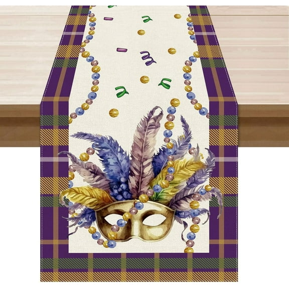 Mardi Gras Plaid Masquerade Mask Beads Celebration Carnival Cloth Table Runner Burlap Table Decoration for Home Kitchen Dining Dinner Indoor Holiday Farmhouse Decor 13x72 Inch