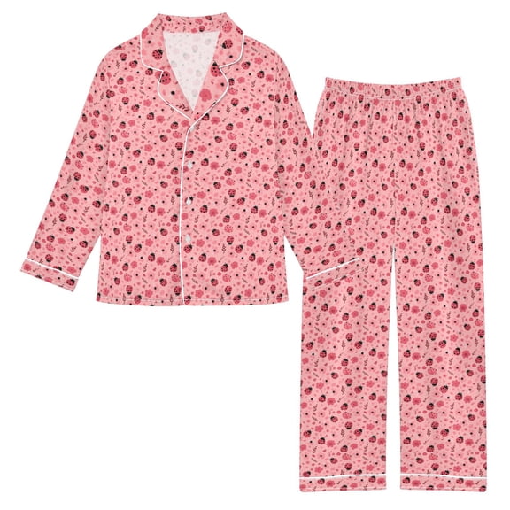 DIXRUYEE Satin Pajama Set Pink Ladybug Floral Printed