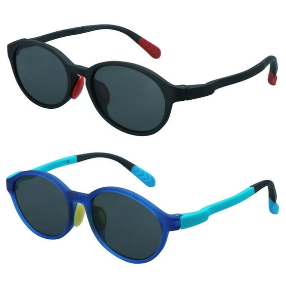 LifeArt 2 Pack Kids Sunglasses UV Protection Flexible Shades with Strap for Boys and Girls Age 3-12 (Black Blue)